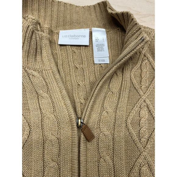Liz Claiborne Sweater Womens Large tan- brown Zip Up Cardigan Liz Sport Cotton - Picture 7 of 12